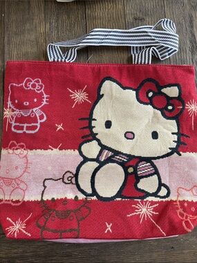 Hello Kitty Red and Pink Zip Up Graphic Tote with Striped Handles